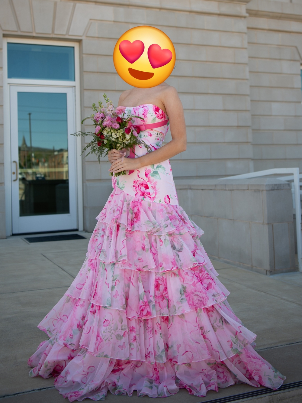 Sherri Hill Pink Floral Strapless Ruffle-Tier Gown